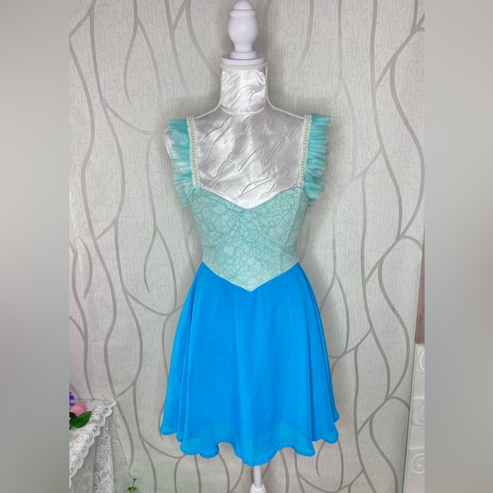 🎀🍒 Blue Green Lace Colourblock Contrast A Line Dress 🍒🎀 Pearl Ruffle Trim Straps - Picture 5 of 13